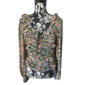 Free People Mabel Printed Blouse Ruched Ruffle Lace Up Boho Medium Floral